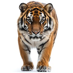 Majestic Sumatran Tiger Walking Towards Camera on White Background Wildlife