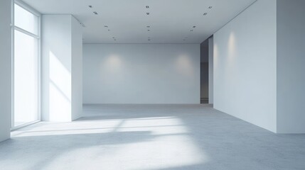 Empty Modern Gallery Space with Sunlight Streaming Through a Large Window
