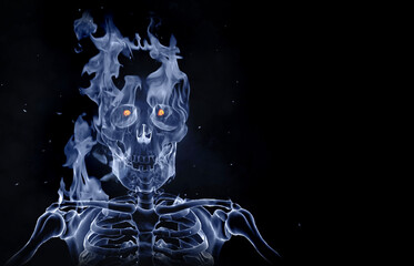 Smoke skull with glowing fire eyes isolated on black background
