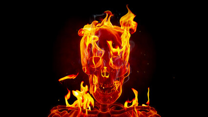 Burning skull on a black background. 3D render with real fire flames.
