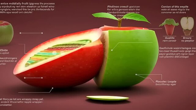 Creative green apple sculpture with a bite taken out, showcasing its interior and a red apple in the background