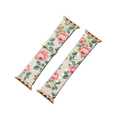 Elegant rose floral printed apple watch band with golden hardware isolated on white.