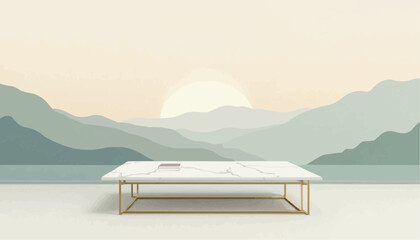 Marble coffee table with gold frame and mountain view