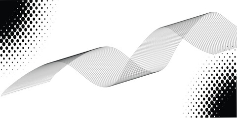 Flowing dots particles wave pattern 3D curve halftone black gradient curve shape isolated on white background. Vector in concept of technology simple art