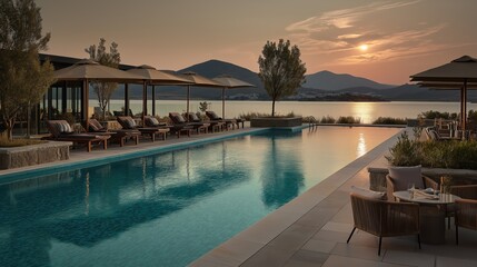 Infinity pool with sunset view and loungers at luxury resort in Bodrum, Turkey

