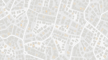 Simple city plan with pins and buildings. Abstract city map urban streets and road networks. Travel route planning and map navigation concepts. Flat vector illustration