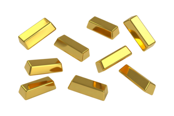 Flying gold bars isolated on transparent background. Png
