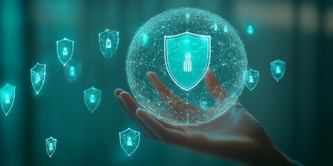 Holding Security: Connected Shields and Network Globe Representing Personal Data Protection and Cybersecurity Solutions.