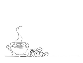 A ccup of coffee with coffee beans in single line draw illustration. Continuous one line drawing of Coffee and beans. Editable stroke.