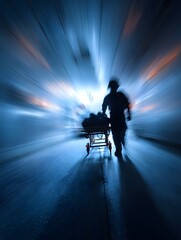 Silhouette of a medical professional pushing a stretcher through a dimly lit corridor at night