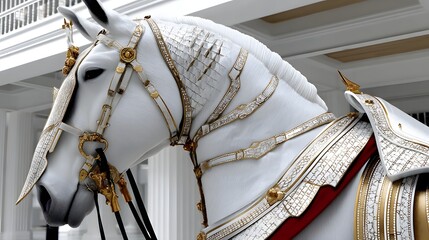 Majestic ceremonial horse in ornate fantasy armor displayed in a historical museum setting.