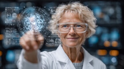A woman in a lab coat interacts with a holographic display.