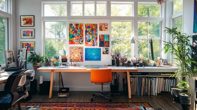 Bright artist studio with abstract paintings, desks, computer and art supplies.