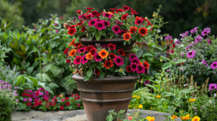 A vibrant outdoor garden scene featuring a tall clay pot filled with dark red and orange petunias, surrounded by a variety of colorful flowers and lush greenery.