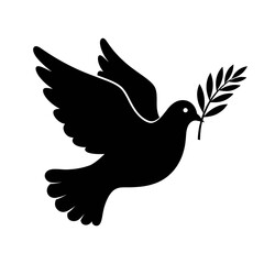 Flying dove with olive branch as a sign of peace isolated on transparent background, png image 