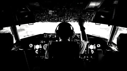 Pilot in cockpit signaling during flight with control panel visible and clouds outside the window