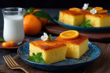 Golden squares of moist semolina cake, garnished with orange and mint sprigs, alongside a