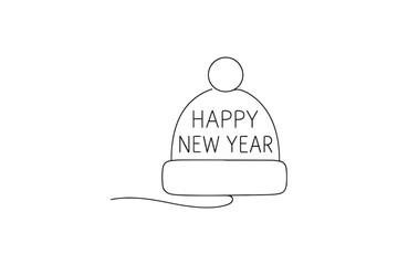 Fototapeta premium Winter hat with Happy New Year continuous one line drawing minimalism design