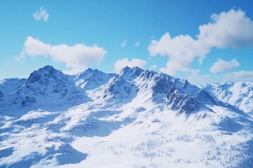 Fototapeta premium Stunning view of snow-capped mountain peaks under a bright blue sky with fluffy clouds.