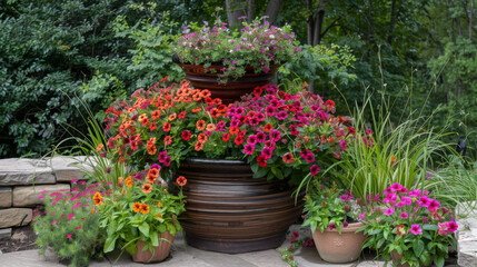 A vibrant outdoor garden scene featuring a tall clay pot filled with dark red and orange petunias, surrounded by a variety of colorful flowers and lush greenery.