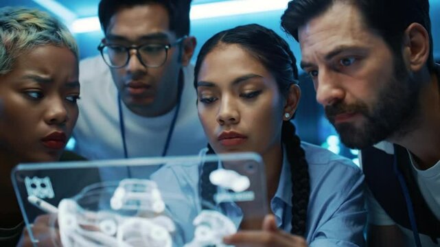 Engineers analyzing futuristic technology interface