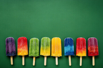Rainbow assortment of fruit popsicles on sticks, vibrant ice creams in a row with copy space on green background