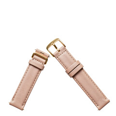 Elegant pale pink leather watch straps with golden buckles on white background.