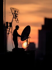 Silhouette of a technician adjusting a satellite dish on a rooftop during a vibrant sunset