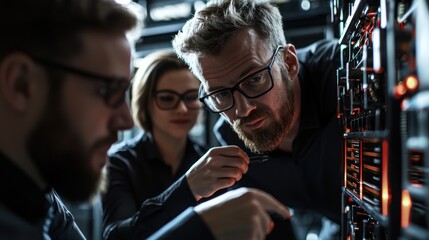 IT team troubleshooting server issues in data center