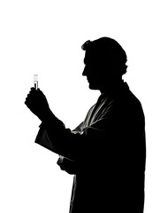 Scientist analyzing a test tube silhouette in a lab, with a blurred background of scientific equipment