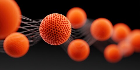 Abstract Orange Spheres Network: A Captivating Digital Art Exploration of Connections and Technology.  Intricate textures and patterns create a visually stunning modern artwork, pe