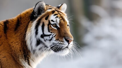 Naklejka premium Siberian tiger gazing into the distance with a majestic, frosty atmosphere