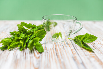 Tea cup with fresh mint leaves on a table on a green background with copy space. Health benefits of peppermint tea concept.