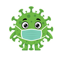 Cartoon green virus wearing a face mask isolated on transparent background, png image,