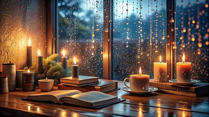 Cozy Rainy Window Scene with Books and Candlelight 16