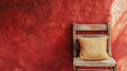 Rustic chair, textured wall, outdoor setting, calm mood, home decor