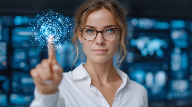 Woman interacting with a holographic interface.