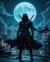  A dark knight stands before a full moon, wielding two swords, creating a dramatic silhouette against the night sky.