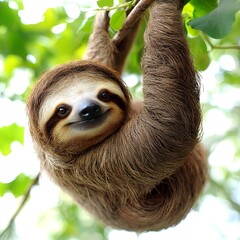 Fototapeta premium Adorable Three Toed Sloth Hanging on Tree Branch in Lush Rainforest
