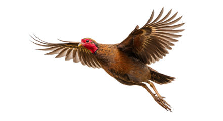 Javanese Junglefowl in midflight displaying its vibrant red face and outstretched wings