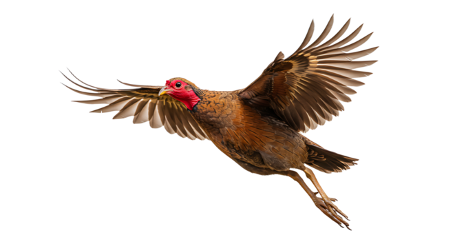 Javanese Junglefowl in midflight displaying its vibrant red face and outstretched wings