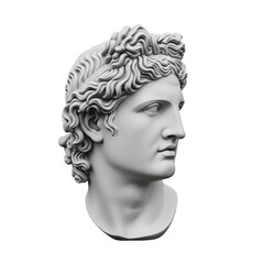 Classical head sculpture with curly hair, isolated on transparent background