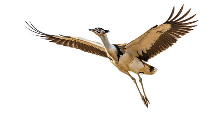 Fototapeta premium Kori Bustard in Flight with Wings Fully Extended Displaying Feather Details