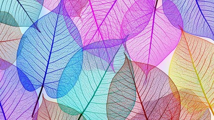 Obraz premium The colorful, transparent leaf skeletons form artistic patterns as they are layered and overlapped. Enhance vibrant colors, perfect for wallpaper or digital art.