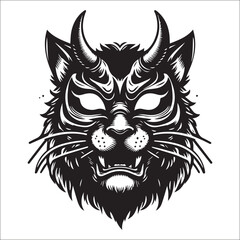 Intricate Black and White Cat Mask Design with Horns a Stylish Tattoo or Graphic Design Element