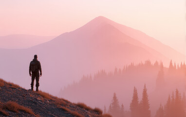 Obraz premium Silhouette of hiker standing on mountain slope with glowing sunrise and misty pine forest creating peaceful and inspiring scene