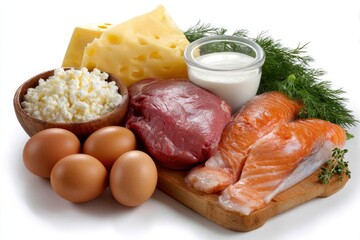 An arrangement of various protein-rich foods including salmon, meat, eggs, and dairy products on a