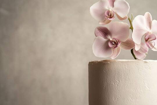 Minimalist cake with matte finish, topped with large edible orchids in a spiral arrangement, photographed on a neutral background. A wedding card or invitation. Space for the text - Powered by Adobe