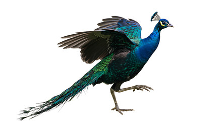 Naklejka premium Majestic Peacock Displaying Vibrant Plumage and Extended Wing in Motion