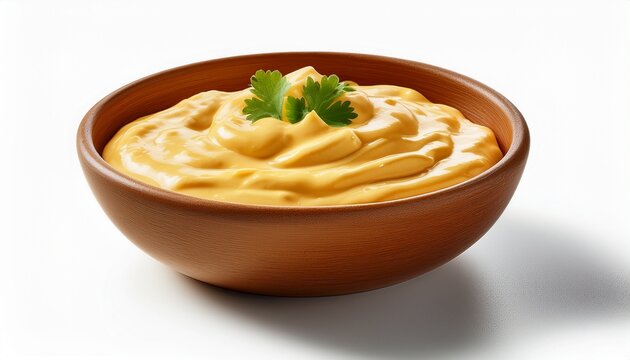 bowl of smooth melted queso cheese dip with a rich creamy texture isolated on a white background